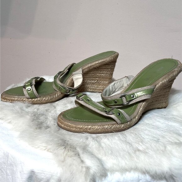 Y2K Vintage Green Leather Wedge Espadrille Sandals w Strap Detail+Studs Size 7.5 - Picture 3 of 6